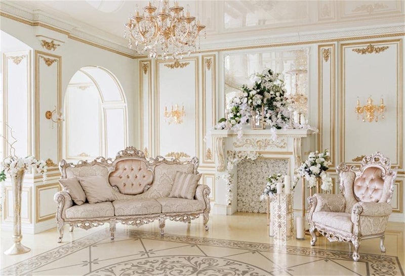 AOFOTO 7x5ft Luxury Indoor Furnishing Backdrop Chandelier Chair Mantel Flower Photography Background Adult Portrait Aristocratic Interior Decoration Photo Shoot Studio Props Video Drop Wallpaper Drape - Image 2